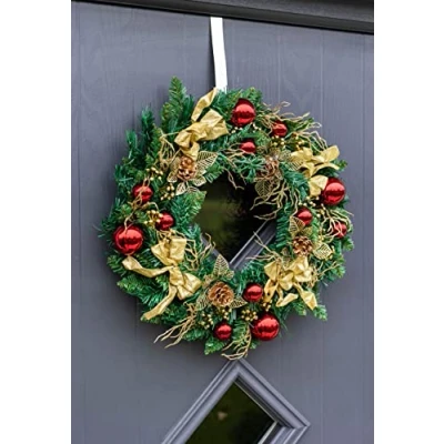 Afbeelding van kerstkrans rode en gouden linten kerstballen dennenappels 50 cm Kerstmis rood goud afgewerkte kerstkrans, ideaal voor thuis of op kantoor, kerstversiering