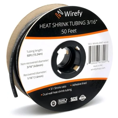 Afbeelding van Wirefy Krimpkous Rol 4,8mm 3:1 Dubbelwandige Kabel Met Zelfklevende Voering Thermische Slang Zwart van 15 m