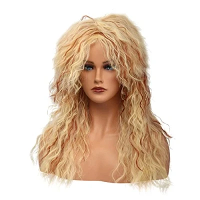 Afbeelding van MEIRIYFA Pruik voor heren, dames, cosplay, lange krullende pruik, jaren 80, rocker, punkpruik Halloween, kostuum (londe met roodbruin)