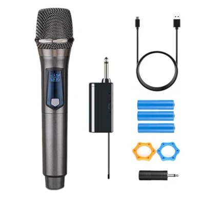 Afbeelding van HUACAM een enkele handheld draadloze microfoon. Uitgerust met oplaadbare ontvanger en 3,5 mm adapter, microfoon geschikt voor karaoke zingen, grijs