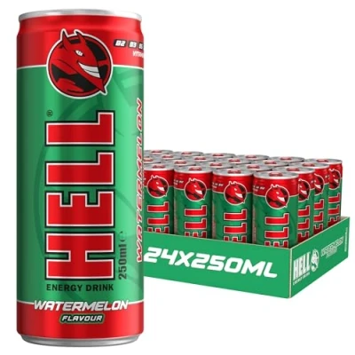Afbeelding van HELL Energy Drink Watermeloen Smaak 24 x 250 ml blikjes Multipack 32 mg/100 cafeïne Bevat Vitaminen B2 B3 B5 B6 B12 Conserveermiddel Veganistisch Verminder vermoeidheid en boost energie