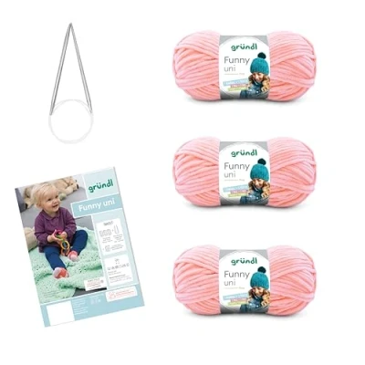 Afbeelding van Gründl Funny Breiset voor breien en haken, effen fluweelachtig chenillegaren, 3 x 100 g + naalden 5 6 handleiding een babydeken, suikerspin