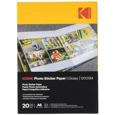 Afbeelding van KODAK Photo Sticker Paper fotopapier, zelfklevend, formaat 21 x 29,7 cm (A6), glanzend, 120 g/m;, compatibel met inkjetprinters, wit, 20 vellen