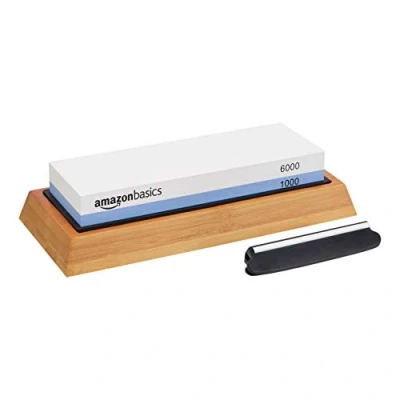 Afbeelding van Amazon Basics Wetsteen, voor messen scherpen, dubbelzijdig, korrelgrootte 1000/6000, met antislip bamboe basis, zwart, blauw en wit, 18 x 6,1 2,8 cm