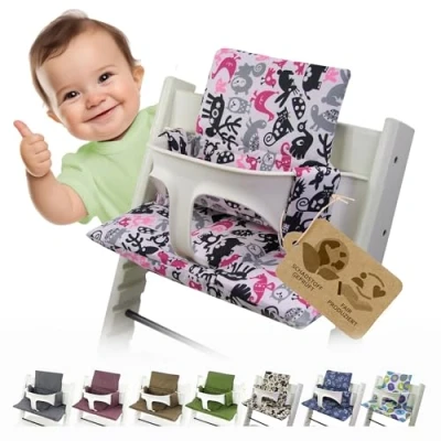 Afbeelding van Bambiniwelt Vervangende overtrek, zitkussen, kussenset, stoelverkleiner, compatibel met STOKKE Tripp Trapp voor hoge stoel, kinderstoel, design (zwart, roze dieren)