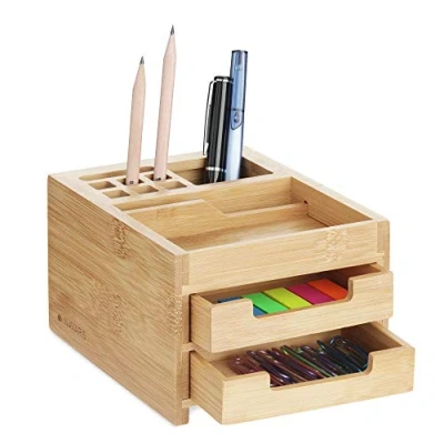 Afbeelding van Navaris bamboe bureau organizer 2 lades Desk klein Pennenbak met Opbergen van accessoires en make up