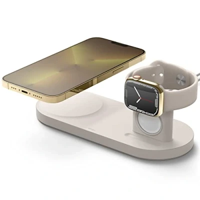 Afbeelding van elago MS Oplaad Hub Duo Horloge Compatibel met MagSafe Lader, Draadloos Oplaadstation iPhone 14&amp;13&amp;12 Modellen, AirPods Pro 2,1 3 (Stone)