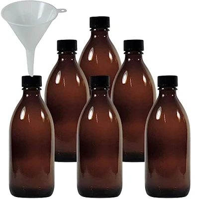 Afbeelding van 6 x bruine medicijnfles 200 ml, apothekersfles, laboratoriumfles made in Germany &amp; BPA vrij incl. vultrechter