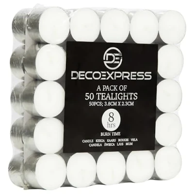 Afbeelding van Deco Express Theelichtkaarsen Multipack van 200, 100, 50 of 24 4, 8 10 uur brandtijd theelichtjes kaarsen ongeparfumeerd (wit, 50/8 uur)