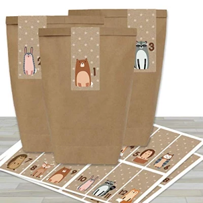 Afbeelding van DIY Adventskalender om te vullen met 24 bruine papieren zakjes en bosdieren stickers voor knutselen Mini Set No 34 Kerstmis 2021 kinderen.