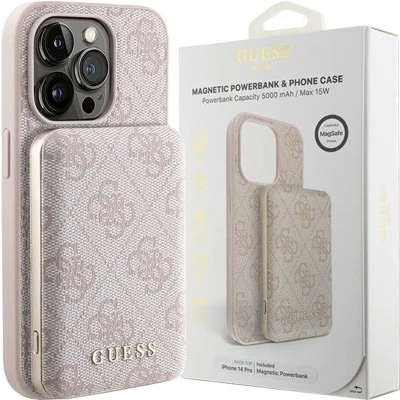Afbeelding van Guess 4G Metal Logo hoesjeset voor iPhone 15 Pro + 5000mAh MagSafe powerbank roze