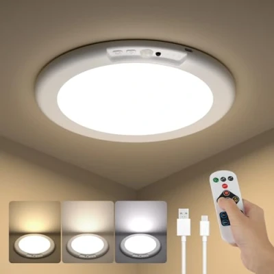 Afbeelding van Kambo Led plafondlamp met bewegingsmelder voor binnen, dimbare afstandsbediening en timer, lamp plafond, USB oplaadbaar, batterij kelder, hal, trappenhuis