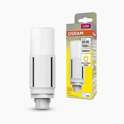 Afbeelding van OSRAM DULUX LED D26 vertikal EM, G24D, 7,5W, 950lm, 3000K, varm hvid lysfarve, velegnet til vertikale applikationer takket være en spredningsvinkel på 300, ekstrem lang levetid, ingen opvarmningstid