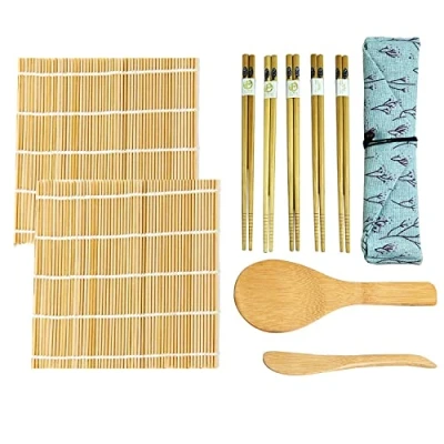 Afbeelding van BluVast sushi set, sushimat, maker voor beginners, 10 delig, 2 matten, 1 rijststrooier, padddy peddel, 5 staafjes, verpakkingszak, doe het zelf set