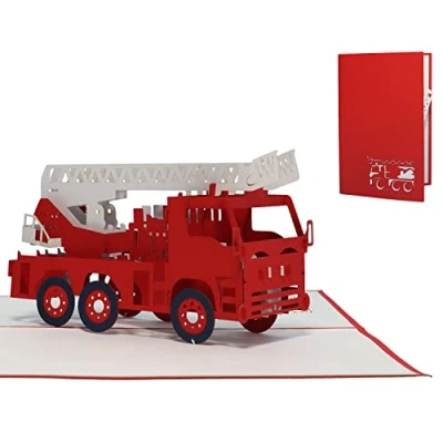Afbeelding van LINPopUp®, LIN17323, pop up kaart brandweerauto, verjaardagskaart, wenskaart brandweer, brandweerkaart, 3D blustocht tegoedbon, kinderkaart, brandweerman, N216