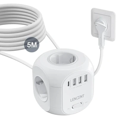 Afbeelding van LENCENT 5M Power Strip Cube met Platte Stekker, 4 Compartimenten 8 in 1 Stekkerdoos 3 USB A + Type C Meervoudige Stopcontact, Stekkeradapter Schakelaar Kable, Verdeelstekker Thuis, Wit