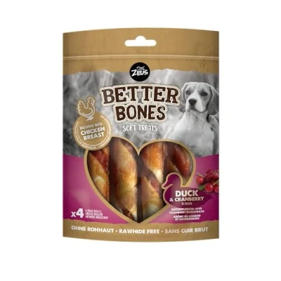 Afbeelding van BetterBones zachte kauwsnack voor honden, zonder ruwe huid, omwikkelde rollen met eend en cranberry, 12,5 cm, 4 stuks