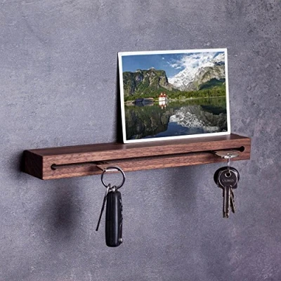 Afbeelding van WOODS Sleutelrek van hout met plank, groef, moderne wanddecoratie, hout, handgemaakt in Beieren, sleutellijst landhuisdesign, sleutelbord (walnoot, 20 cm)