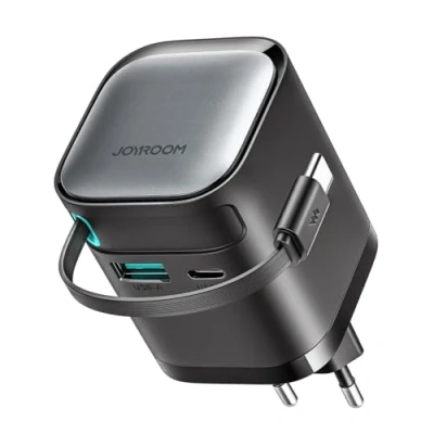 Afbeelding van Joyroom GaN Wandoplader 65W met intrekbare kabel (EU) (65 W), USB lader, Zwart