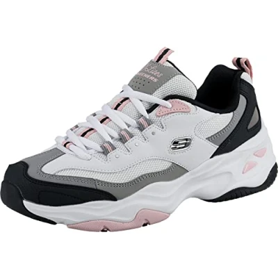 Afbeelding van Skechers D&#039;Lites 4.0 Fresh Diva Sneaker voor dames, Wit Lederen Mesh Zwart Roze Trim, 38 EU