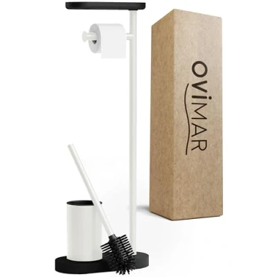 Afbeelding van ovimar 3 in 1 staande wc garnituur Vradal wit, borstelset met siliconen borstelkop, rolhouder en smartphone plank, zeer ruimtebesparend, elegante badkamerorganizer, roestvrij staal