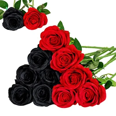 Afbeelding van Floralsecret 12 stuks kunstrozen van zijde, bloemboeketten, kunstbloemen voor thuis, bruiloft, feest, tuindecoratie (zwart, rood)