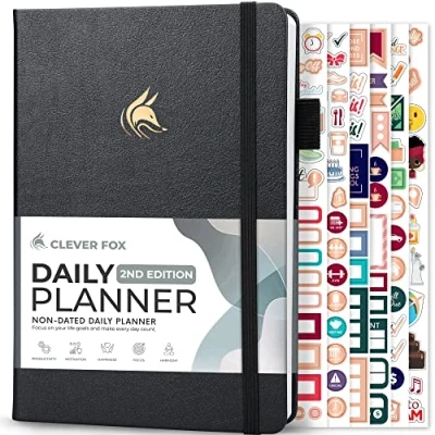 Afbeelding van Clever Fox Daily Planner 2e Editie Ongedateerde Time Block Task Organizer met uurschema en takenlijst A5, 6 maanden (zilverzwart)