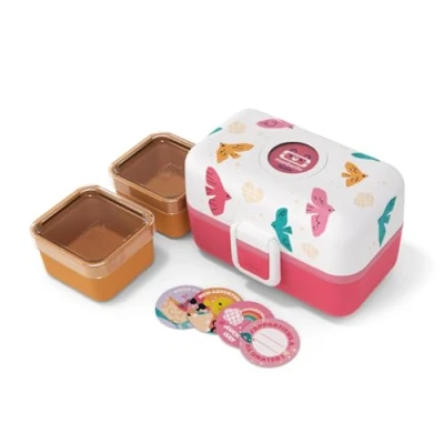 Afbeelding van monbento lunchbox voor kinderen MB Tresor Rose Birds De met 3 vakken Ideaal maaltijden en snacks school/picknick BPA vrij personaliseerbaar veilig roze