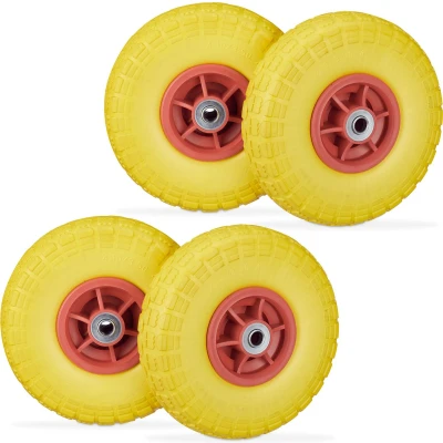 Afbeelding van Relaxdays 4x steekwagenwiel anti lek 4.1/3.5 4 rubberen band reservewiel geel rood