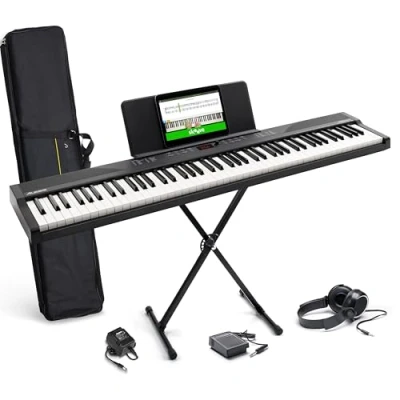 Afbeelding van Alesis 88 toetsen keyboard met 480 geluiden, luidsprekers, USB MIDI, draagtas, standaard, koptelefoon, pedaal en pianolessen