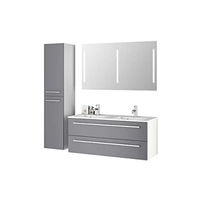 Afbeelding van Sieper I Badmeubelset Libato, dubbele wastafel met onderkast 120 x 50 cm, hoge kast en badkamerspiegel Arctic Grey