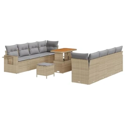Afbeelding van vidaXL 11 delige Tuin Sofa Set met Kussens Beige Poly Rattan Acacia, 3 Eettafel Acacia