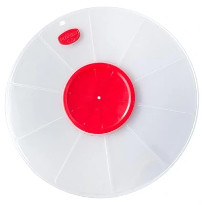 Afbeelding van Dr. Oetker 1642 Spatdeksel Ø 30 cm, past op grote en kleine kommen, voorkomt vervelende spatten van het deeg bij mixen kloppen, (kleur: wit/rood), hoeveelheid: 1 stuk