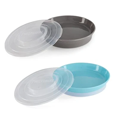 Afbeelding van Twistshake 2x Baby Bordjes met Luchtdicht Deksel voor Kinderen BPA Vrij Eet Training Bordje Grijs Blauw