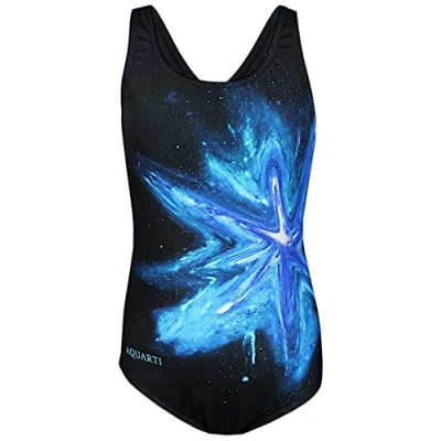 Afbeelding van Aquarti Meisjes Badpak Chloorbestendig Muscleback Watersport, Kleurrijke vlek/Turquoise/Blauw/Zwart, 152