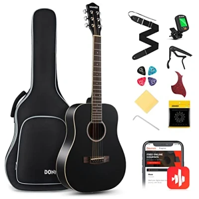 Afbeelding van Donner Akoestische Gitaar voor Beginner Volwassen 36 &#039;&#039;Dreadnought 3/4 Size Zwarte Bundel Pakket Kit Reizen, Sparrenhout Met Gig Bag Capo Tuner Strap String Picks DAG 1MB