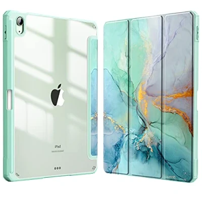 Afbeelding van Fintie Hoes iPad Air 11 inch 2024 M2 / 6e 2024, 5e/4e 10.9&quot; met Pen houder, draadloze oplaadfunctie Transparant Harde Beschermhoes Zachte TPU Rand Bumper Goudgroen marmer