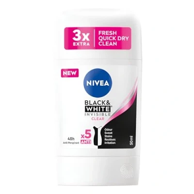 Afbeelding van NIVEA BLACK &amp; White Clear Anti transpirant Stick Deodorant Vrouwen INVISIBLE EN WIT CLEAR, Zachte Textuur Voor Smoother Application, Pack van 2, 2 x 50 ml, 48H Bescherming