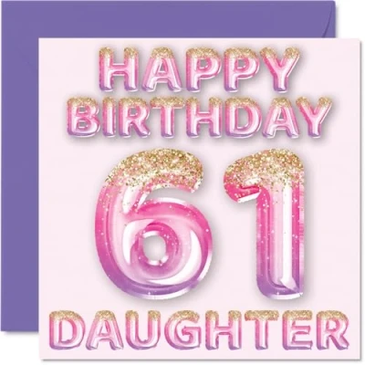 Afbeelding van 61e verjaardagskaart voor dochter roze en paarse glitterballonnen gelukkige verjaardagskaarten 61 jarige van mama papa ouders, 145 mm x cadeau