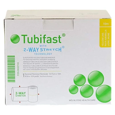 Afbeelding van Tubifast 2 way stretch elastisch buisverband Geel (10M x 10,75CM) Molnlycke Wit (Rood, Groen, Blauw, Geel, Paars) 92% viscose, 5% elasthaan en 3% polyamide In lengte breedte