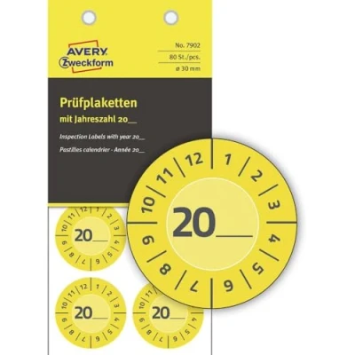 Afbeelding van AVERY Zweckform 80 stuks teststickers 20 (met jaarnummer om zelf in te vullen, duurzaam, sterk zelfklevend, 30 mm, teststickers, beschrijfbaar testzegel van vinyl kleeffolie) 7902 geel
