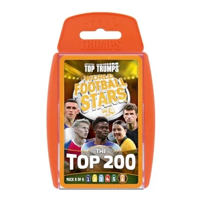 Afbeelding van Top Trumps World Football Stars 200 Card Game Pack 6, Virgil van Dijk, Thomas Muller, Saka en Odegaard educatief cadeau voor kinderen 6 jaar, oranje