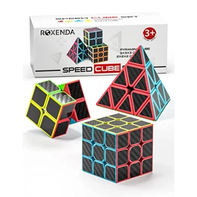 Afbeelding van ROXENDA Speed Cube Set, Puzzel Kubus Set van 2x2 3x3 Piramide Magische (Koolstofvezel kubusset)