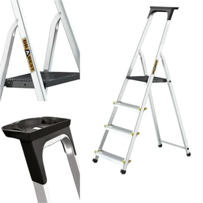 Afbeelding van Drabest PRO SERIE Ladders Aluminium Trapladder 4 en Step Huishoudladder 150kg met Antislipvoeten &amp; Werkladderplatform Multifunctioneel 43 x 145 12cm