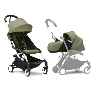 Afbeelding van Stokke YOYO3 kinderwagen met newbornpakket Inclusief wit frame, YOYO 6+ kleurenpakket (Olive) en 0+
