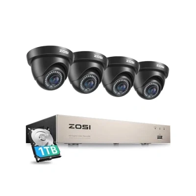 Afbeelding van ZOSI 1080P Bewakingscameraset, 8 CH H.265 + DVR Recorder met (4) Buitencamera, 1 TB Harde Schijf, 20 m Nachtzicht, Bewegingsalarm, P2P