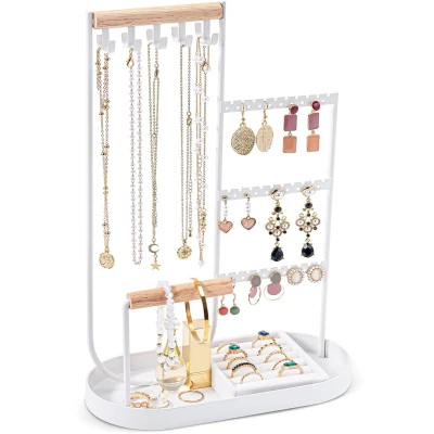 Afbeelding van Ibenzoa® Sieraden Organisator met Fluwelen Ringhouder en Metalen Frame voor Kettingen Oorbellen
