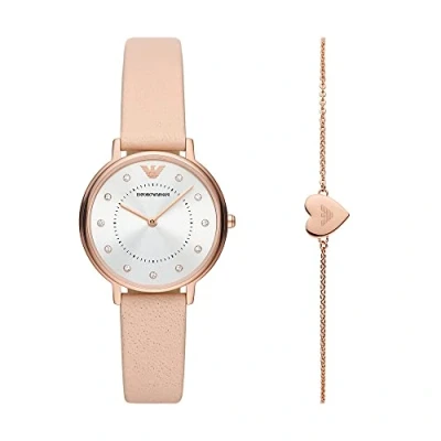 Afbeelding van Emporio Armani Huidskleur Leren Horloge met Twee Wijzers en Armband Set