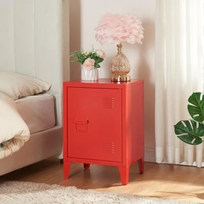 Afbeelding van [en.casa] Nachtkastje Inari met deur salontafel metaal 57x40x30 cm kantoorkast rood
