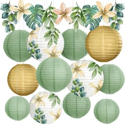 Afbeelding van YBwanli Eucalyptus saliegroene lampions, papieren lantaarns, feestdecoratie, tuinfeest, bruiloftsdecoratie, communie, babyshower decoratie, verjaardag, olieverfschilderijstijl, geschikt voor de